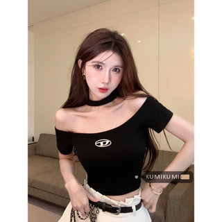 kumikumi HUANG YOYO Áo Croptop Mới Cô Gái Cay Chắc Chắn Tắt Vai Dây Ngắn Top Slim Fit Gợi Cảm Áo Thun Nữ Tay Ngắn Cho Nữ