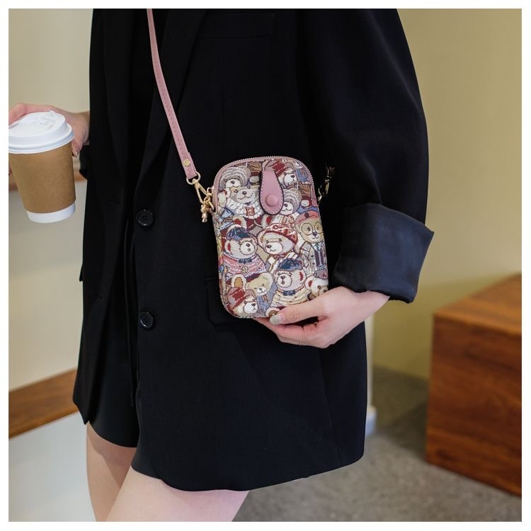 Hàng sẵn có-Bao đeo chéo nữ Túi vuông nhỏ Túi điện thoại di động Túi đeo vai Ba lô Túi đeo vai bên gấu Túi đeo vai thời trang Túi đeo chéo nhẹ