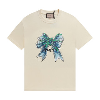 Mùa Xuân 2024 Đầu Dòng Áo Thun Ngắn Tay Trọng Lượng Cao Nam Nữ Cùng Phong Cách 100% Cotton Bề Mặt Làm Nơ In Thiết Kế Cao Cấp Thường Ngày Hàng Đầu
