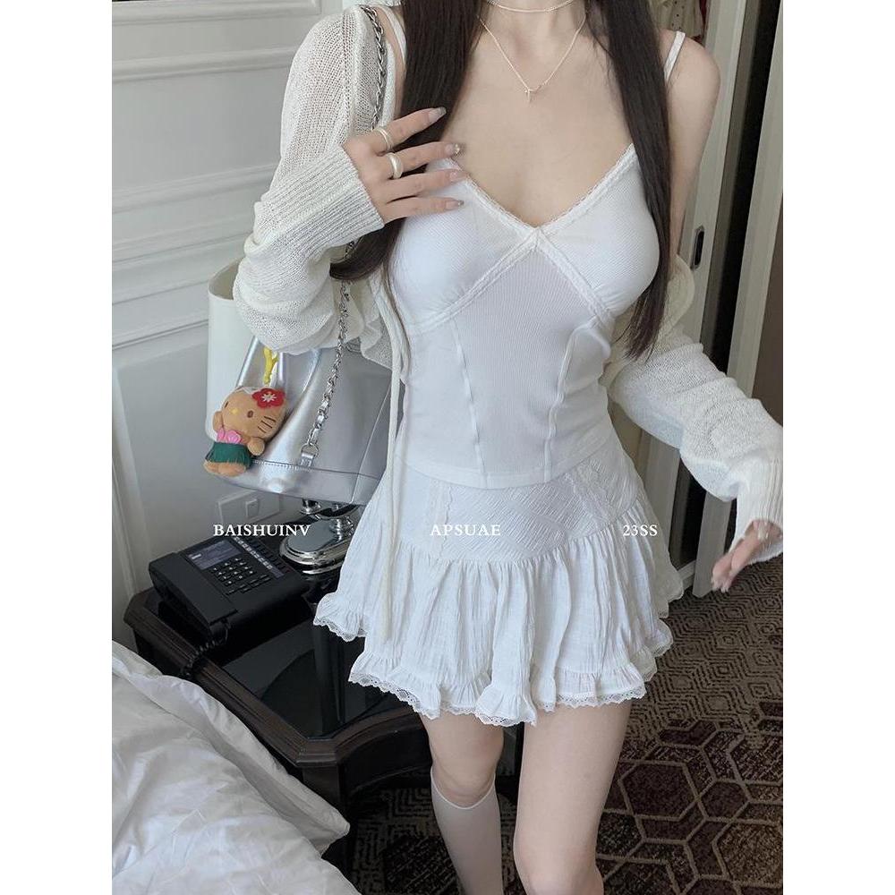 Cocory kumikumi Ngọt Ngào Phong Cách Cay Gợi Cảm Cao Cấp Trắng Mini Phù Hợp Với Quần Áo Nữ Thời Trang Váy Ngắn Chữ A