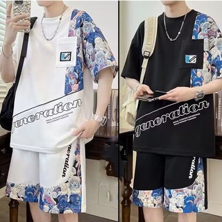 Bộ Đồ In Hình Gấu Cặp Đôi Khâu Phong Cách Áo Thun Tay Ngắn Nửa Tay Cổ Tròn Top Phù Hợp Với Quần Năm Điểm Quần Short ins Mùa Hè Phong Cách Mới Nam Vách Ngăn Vải Khâu Màu Sắc Tương Phản Thường Ngày Nam Nữ Cùng Phong Cách Thiếu Niên Coup