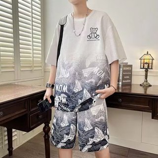 Rendering Tie-Dye Phù Hợp Với Nam Áo Thun Tay Ngắn Nửa Tay Cổ Tròn Top Phù Hợp Với Quần Năm Điểm Quần Short ins Mùa Hè Phong Cách Mới Nam Băng Lụa Thoáng Mát Nam Nữ Cùng Phong Cách Thiếu Niên Cặp Đôi