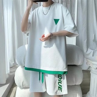 Thêu Chữ Phù Hợp Với Nam Giả Hai Mảnh Áo Thun Ngắn Tay Phong Cách Đơn Giản Nửa Tay Cổ Tròn Top Phù Hợp Với Quần Năm Điểm Quần Short ins Mùa Hè Phong Cách Mới Nam Vải Vách Ngăn Nặng Nam Nữ Cùng Phong Cách Thanh Niên Coup