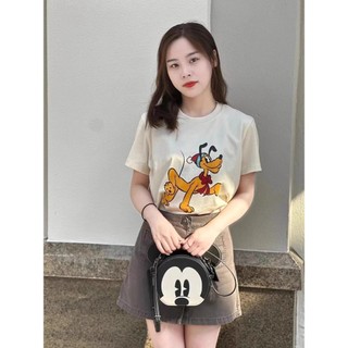 Coach tay ngắn nữ mùa hè mới Disney màu vàng in hình chó tròn dáng rộng giản dị cotton nguyên chất Áo thun