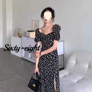Sixty-eight🎀Váy hoa cổ vuông ngọt ngào kiểu Pháp Váy dài khí chất màu đen NVZA146