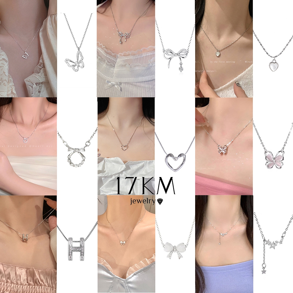 Vòng cổ Mạ Bạc 17KM Mặt Hình Nơ Đính Ngọc Trai Zircon Thời Trang Cho Nữ