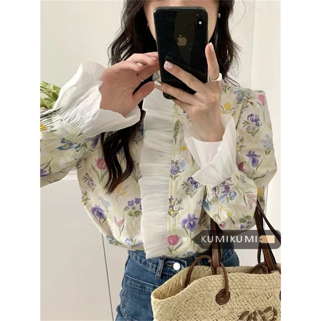 kumikumi Mới Pháp Nữ Ruffle Edge Cổ Cao loe Tay Áo Sơ Mi Màu Retro Cho Nữ