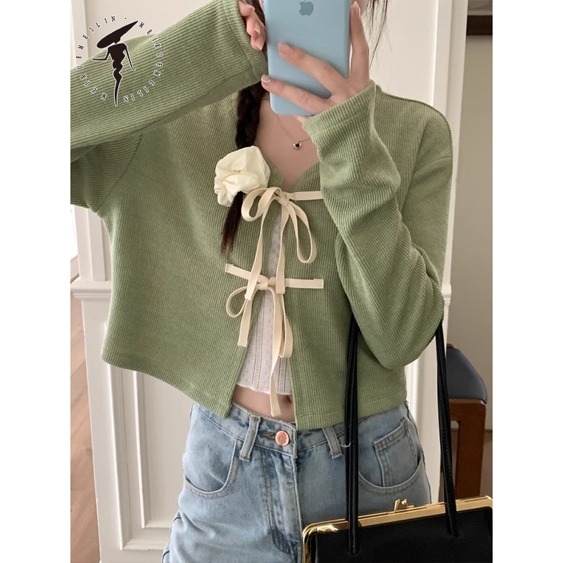 MeiXueMeiLin Áo cardigan Dệt Kim Tay Dài Cổ Chữ v Cột Dây Dáng Ôm Màu Xanh Lá Nhạt Dễ Phối Đồ Phong Cách Ấn Độ Ngọt Ngào Cho Nữ