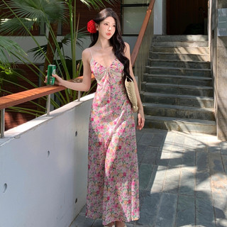 Tiệc Đảng Pháp Gợi Cảm Màu Hồng Sling Váy Dài Nữ Slim-fit Hẹp Eo Du Lịch Đi Biển Kỳ Nghỉ Ren Khâu Không Tay Dài Giữa Voan Hoa