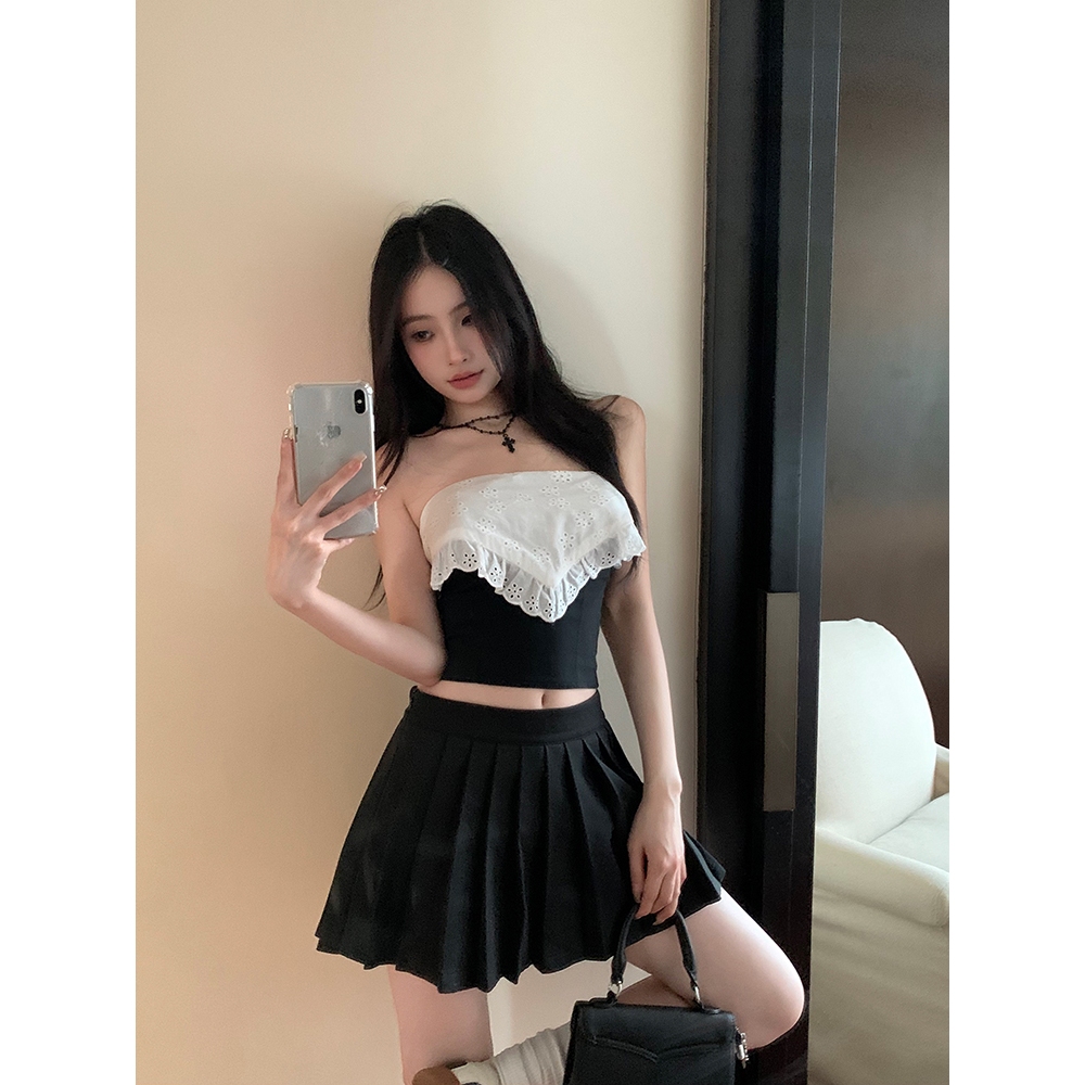 Áo vest đen nữ mùa hè lệch vai không đều Hot Girl Gợi cảm ren ống