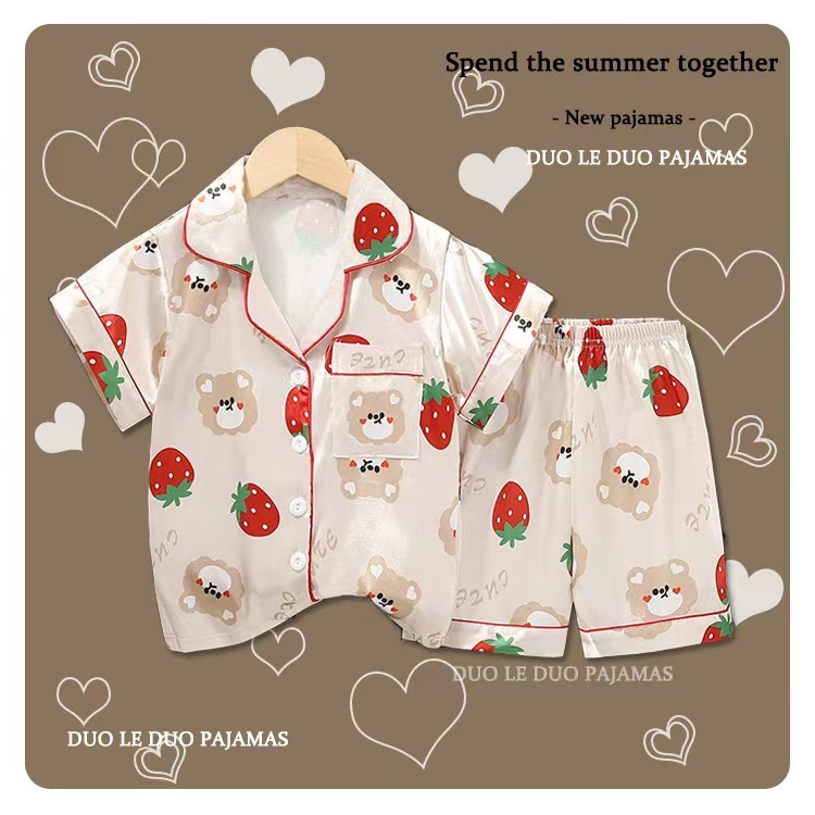 Bộ Đồ Ngủ Trẻ Em Bé Gái Mùa Hè Mỏng Tay Ngắn Ice Silk Quần Áo Điều Hòa Không Khí Mùa Hè Lụa Bé Gái Phù Hợp Với Kuromi Bộ Đồ Ngủ ve áo