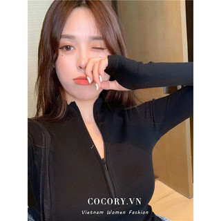 Cocorygirl Áo Croptop Dệt Kim Tay Dài Cổ Cao Phối Khoá Kéo Phong Cách Cổ Điển