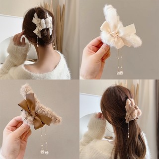 Kẹp tóc càng cua tạo kiểu tóc đuôi ngựa bằng vải lông đính nơ và chuỗi hạt ngọc trai thanh lịch dành cho nữ