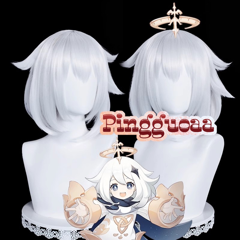 Genshin Impact Paimon Cosplay Wig 36cm Silver White Heat Resistant Synthetic Hair