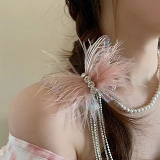 Phong cách mới siêu cổ tích lông vũ kim cương giả tua rua kẹp tóc nữ tính khí cao cấp phụ kiện tóc xuân hè hồng lông vũ phụ kiện tóc