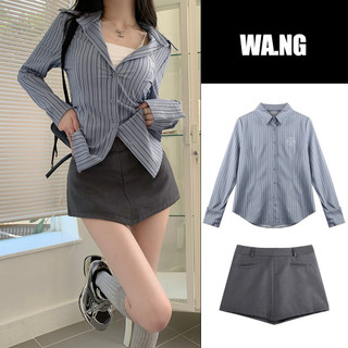 Set áo sơ mi kẻ sọc dài tay - áo sơ mi + chân váy xếp ly mỏng thường ngày cho nữ