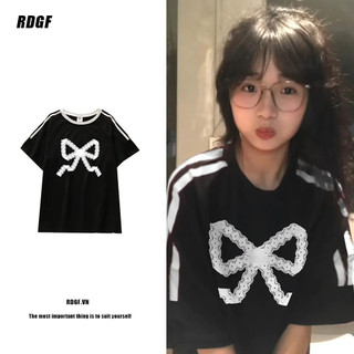 RDGF Áo thun ngắn tay dành cho nữ đầu xuân mới cotton nguyên chất dáng rộng ba thanh màu đen vai trước nửa tay áo mùa hè