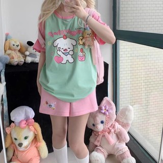 Áo thun ngắn tay ngọt ngào chắp vá dễ thương Nhật Bản dành cho nữ mùa hè, trang phục dopamine mới dành cho học sinh, áo rộng rãi dành cho nữ Subculture y2k