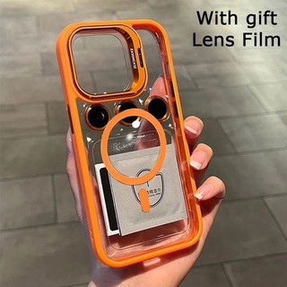 Ốp điện thoại từ tính HD Acrylic sang trọng Tương thích với iPhone 15 14 12 13 11 Pro Max 14Plus Vỏ chống sốc trong suốt có ống kính cùng màu
