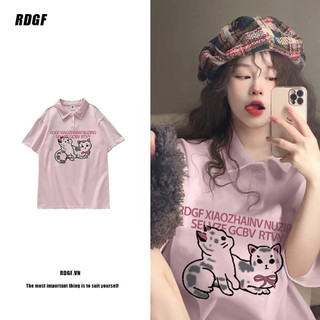 RDGF Áo thun ngắn tay dành cho nữ đầu xuân mới phổ biến áo sơ mi polo rộng rãi dopamine mặc áo nửa tay màu hồng