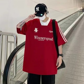 Áo thun ngắn tay cổ chữ V cổ điển Mỹ dành cho nam và nữ oversize dáng rộng thêu giữa tay áo