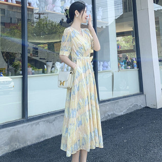 Cổ Chữ V Retro Thiết Kế Giữa Chiều Dài Voan Pháp Cắt Viền Eo Ngắn Tay Dài Du Lịch Thường Ngày Đầm