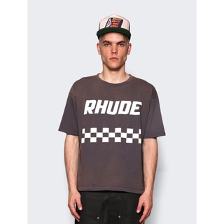 RHUDE Checkerboard Letter Print Retro Washed Old American High Street Couple Loose Casual Short sleeved T-shirt Trendy