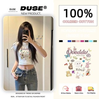 「DUSE」Áo thun ngắn tay in hình cổ tròn gợi cảm kiểu Mỹ thon gọn Y2K Croptop quần áo nữ