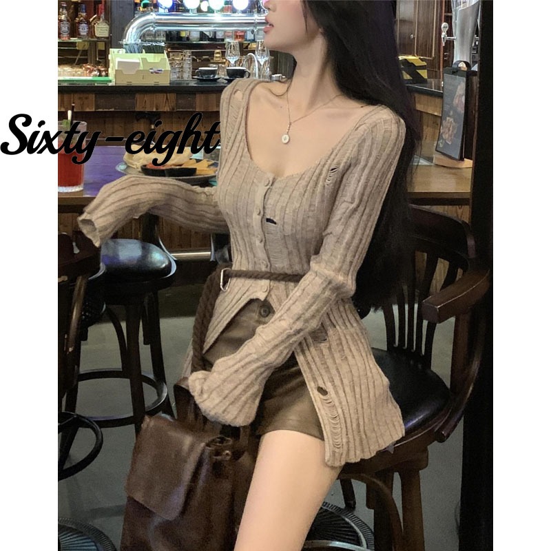 Sixty-eight🎀áo croptop len mỏng Dệt Kim Cổ Chữ U Dài Tay Dệt Kim Cardigan Hot Girl Y2K Phong Cách Nữ Top NVZA045