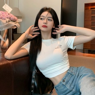 Croptop Mùa Hè Hàn Quốc Cổ Tròn In Hình Slim Fit Áo Thun Nữ Croptop