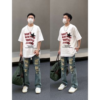PEAR DODO Thương hiệu địa phương In chữ đỏ dáng rộng phong cách Mỹ Áo thun ngắn tay trung tính 100% Cotton 240308
