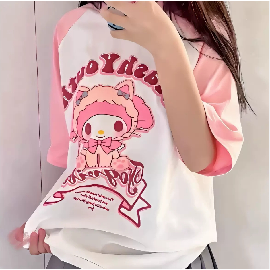 【Kulomi】 Lady Áo thun Vòng cổ Thả vai Thiết kế Anime Cartoon Tay áo ngắn, Ba màu--WA.NG.💕