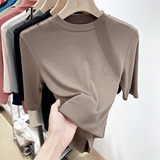  ZHELIHANGFEI Áo Thun Cổ Cao Tay Lửng Màu Sắc Đơn Giản Thời Trang Mùa Hè Dành Cho Nữ 