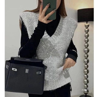 Xuân Thu Mới Pháp Nữ Dệt Kim Áo vest Thời Trang Đa Năng Áo vest Áo Lót Cổ Chữ v sequin Dệt Kim Áo Len Dệt Kim Không Tay Phong Cách Hàn Quốc Áo Len Dệt Kim Ngắn Rời