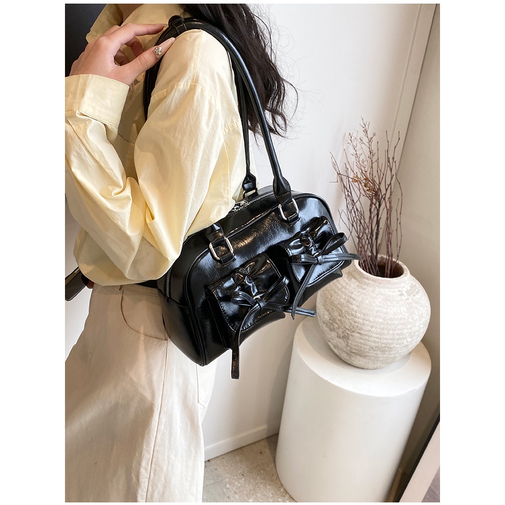 Yadou standoil Hàn Quốc Nơ Nách Boston Túi Tote Retro Dầu Sáp Da Đơn Giản Túi đeo dưới cánh tay | BigBuy360 - bigbuy360.vn