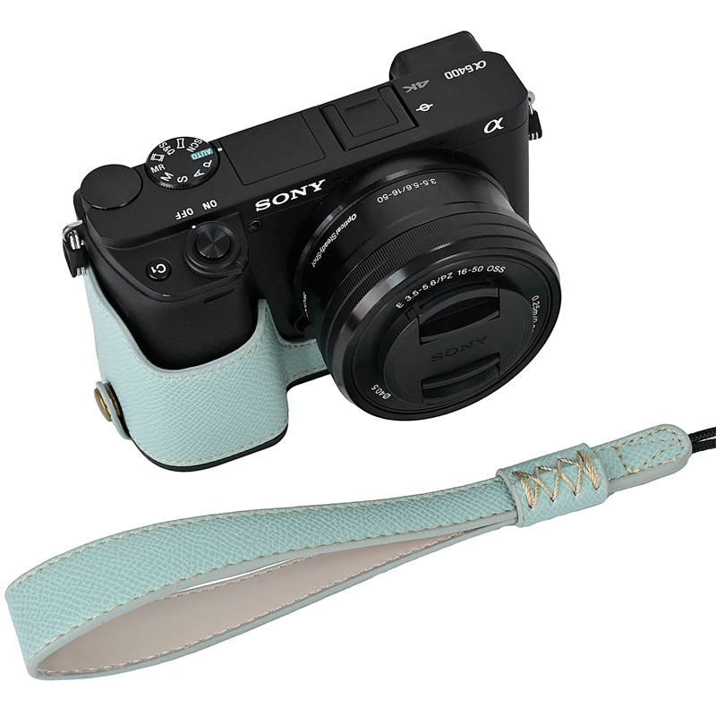 PU Camera Nửa Dành Cho Sony A6400 A6100 A6300 A6000 Đáy Pin Mở Da Túi