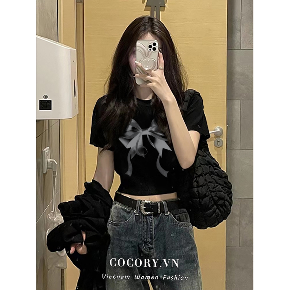 Cocory vn 4 màu gợi cảm thời trang in hình bướm giản dị dáng ôm vừa vặn Áo thun ngắn tay hàng đầu quần áo nữ