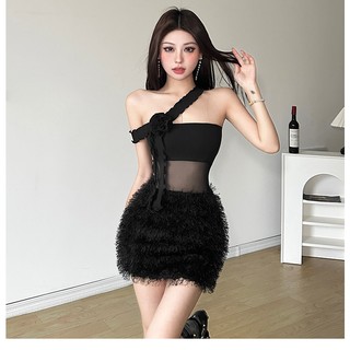 Cutenew Ruffle Lưới Chắp Vá Bodycon Mini Đầm Thời Trang Không Đều Dây Tắt Vai Backless Đảng Steet Phong Cách Đầm Ngắn