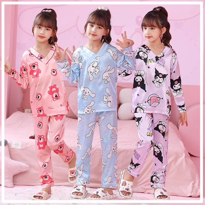 Bộ Đồ Ngủ Trẻ Em Bé Gái Quần Áo Sanrio Kuromi Melody Cinnamoroll Bé Gái Đồ Ngủ Hoạt Hình Dễ Thương In Satin Bộ Đồ Ngủ Lụa