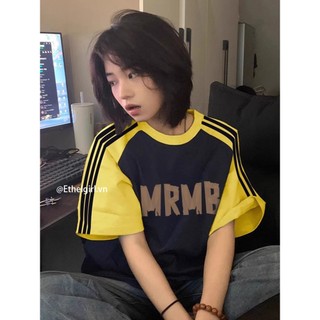 Ethelgirl Thời Trang Hàn Quốc "Tiếng Anh" In Ba Sọc Oversize Áo Thun Nữ Quần Áo Tay Ngắn Top