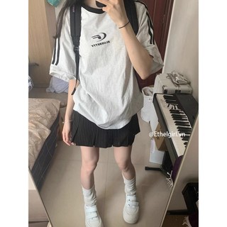 Ethelgirl Hàn Quốc cổ tròn in chữ ba sọc Áo thun Oversize tay ngắn quần áo nữ hàng đầu