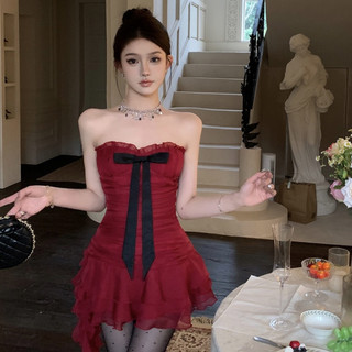 Đảng Pháp Đảng Đảng Gợi Cảm Ống Đỏ Top Dress Nữ Slim-fit Hẹp Thiết Kế Cao Cấp Nơ Trang Trí Không Đều Cổ Phẳng Không Tay Đầm