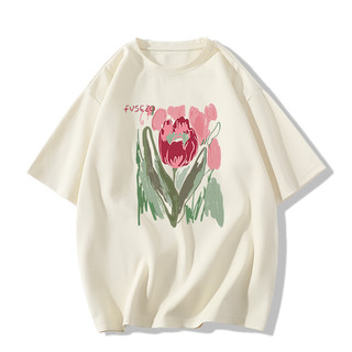 SELVZE Áo thun cotton ngắn tay in hoa nguyên chất thời trang và ngọt ngào cổ tròn dáng rộng dành cho nữ