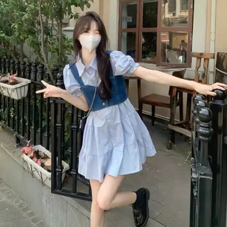 NZN Váy ngắn tay cổ tròn màu trơn đơn giản phong cách Hàn Quốc với thiết kế tay phồng
