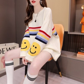 Áo len dài trung dài sọc thời trang nữ Mùa Thu Đông, Áo len rộng thoải mái kiểu Hàn Quốc, Áo len cổ tròn, Áo len dài tay cỡ lớn, Váy len dài.