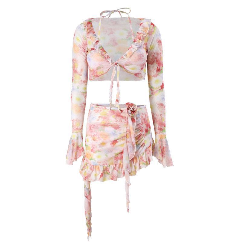 Bộ Đồ Bơi Ba Mảnh Tay Dài Chống Nắng In Họa Tiết Quyến Rũ Cho Nữ | BigBuy360 - bigbuy360.vn