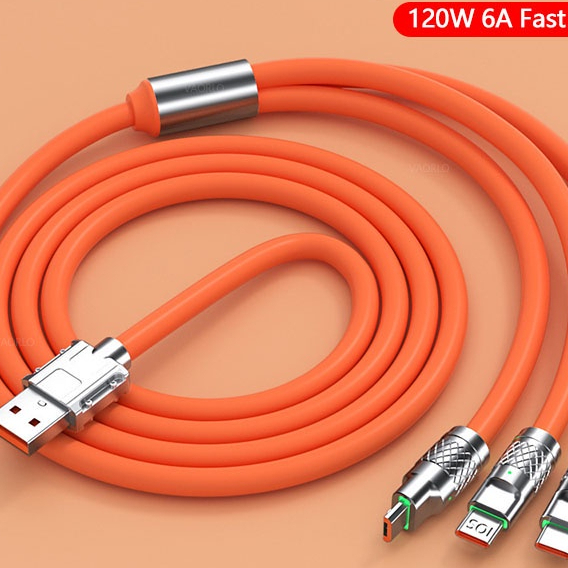Cáp sạc hợp kim kẽm 3 trong 1 Bộ sạc siêu nhanh được bảo vệ USB 120W 6A với đèn báo 480 Mbps