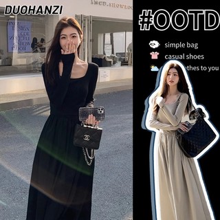 DUOHANZI Đầm Đen Dài Tay Chiết Eo Phong Cách Pháp Thời Trang Xuân Thu Cho Nữ