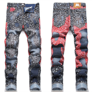 Quần jean nam mỏng thẳng phù hợp với quần jean denim in hình nam chắp vá quần jean