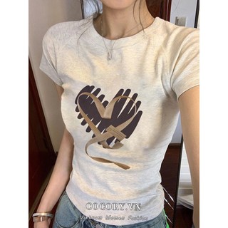 Cocorygirl Thời trang gợi cảm ôm vừa vặn cổ tròn "tình yêu" in hình quần áo nữ tay ngắn Áo thun hàng đầu